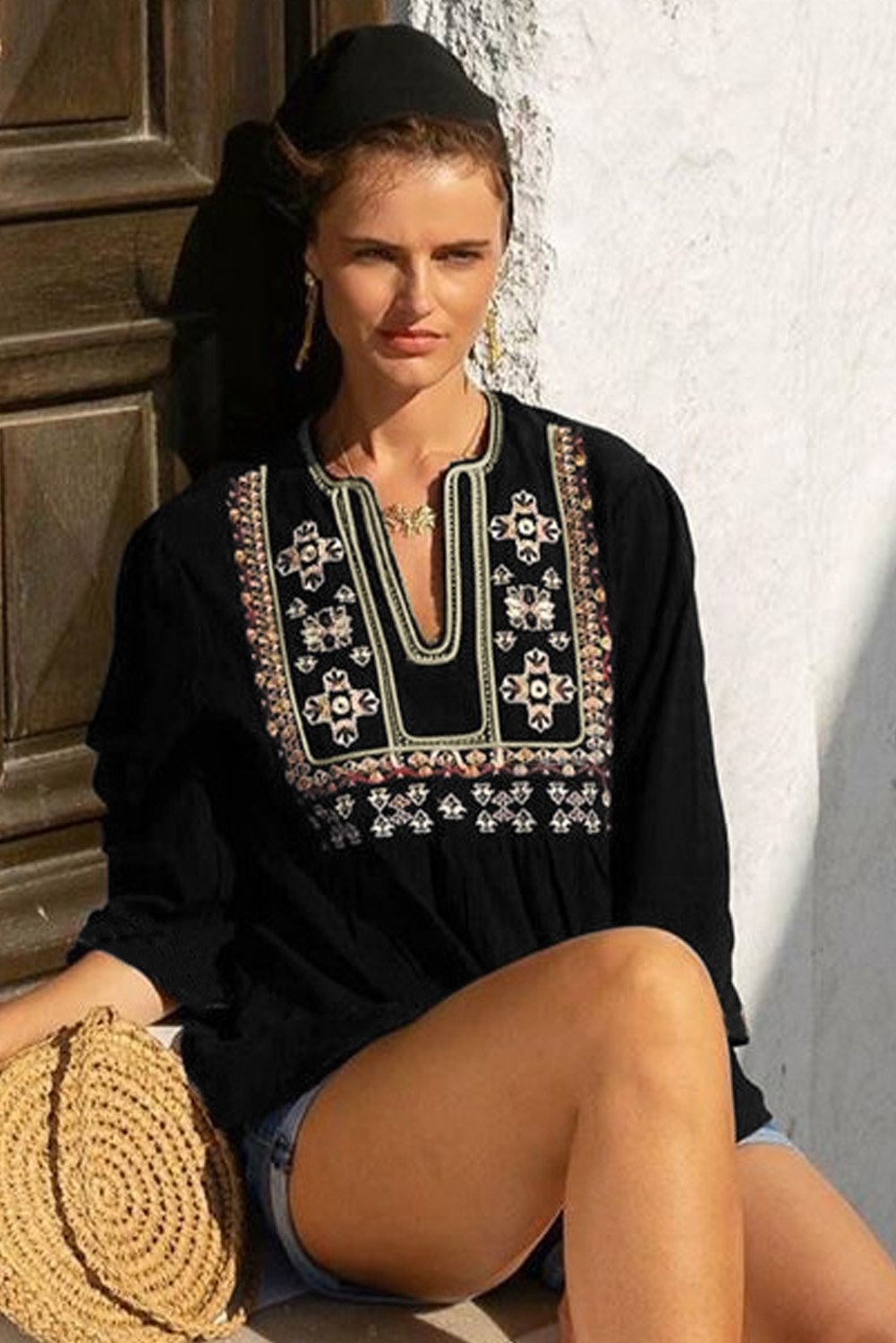 3/4 Sleeves Embroidered Pattern Pleated Blouse