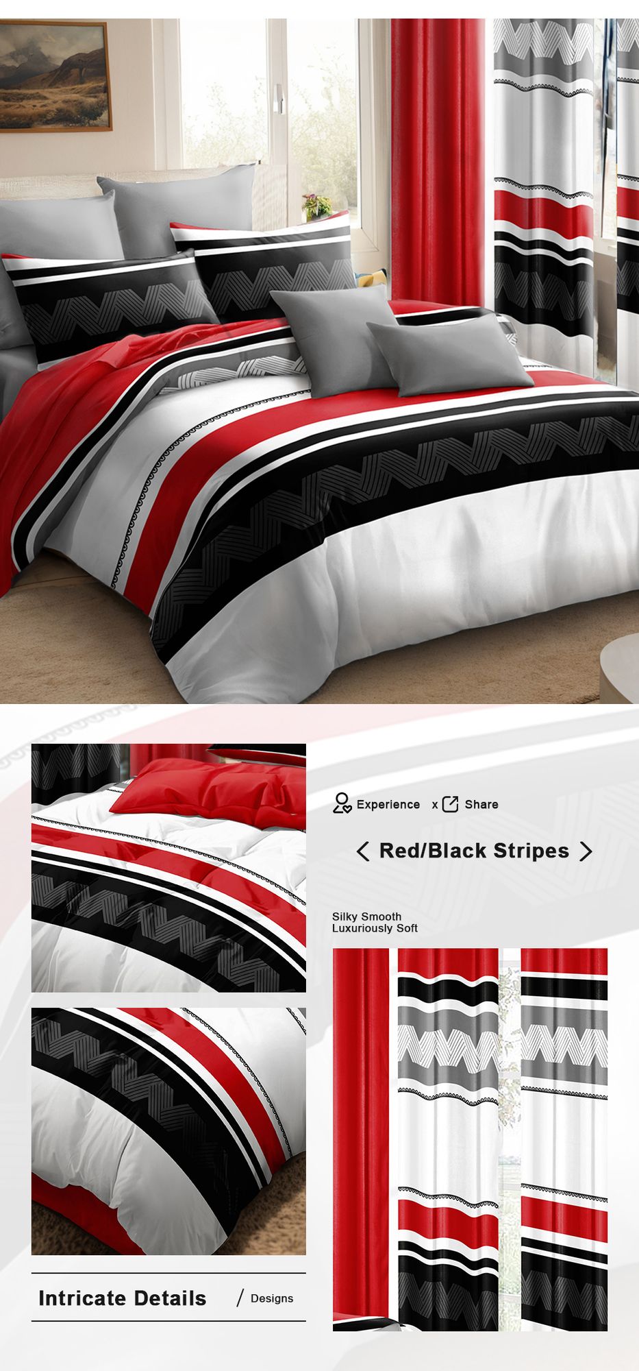9-Piece Red & Geometric Zigzag Bedding & Curtain Set (Queen/King/Cal