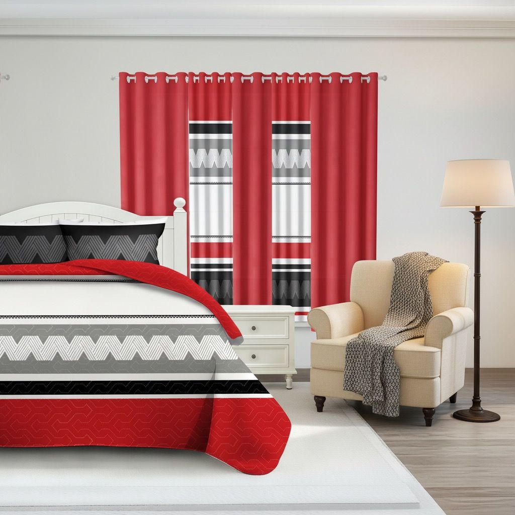 9-Piece Red & Geometric Zigzag Bedding & Curtain Set (Queen/King/Cal