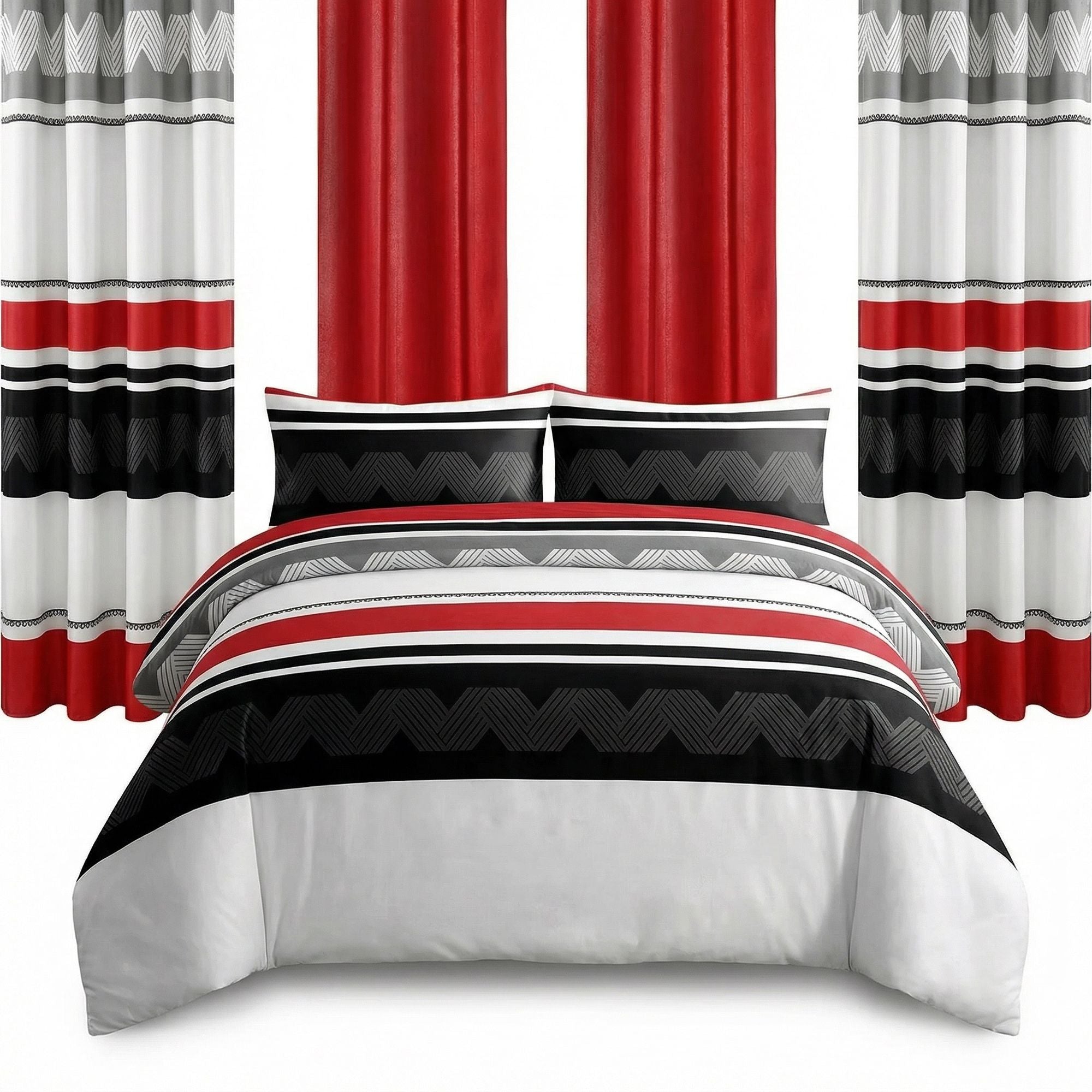 9-Piece Red & Geometric Zigzag Bedding & Curtain Set (Queen/King/Cal