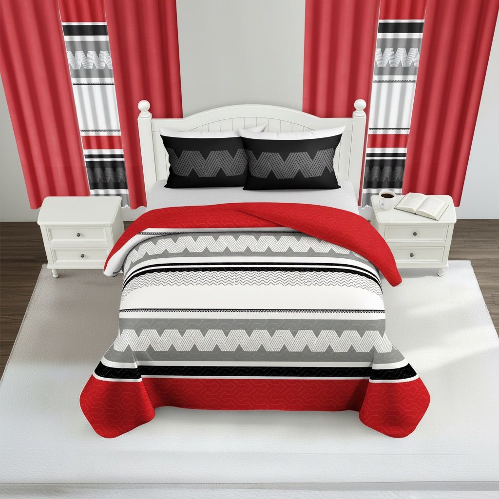 9-Piece Red & Geometric Zigzag Bedding & Curtain Set (Queen/King/Cal