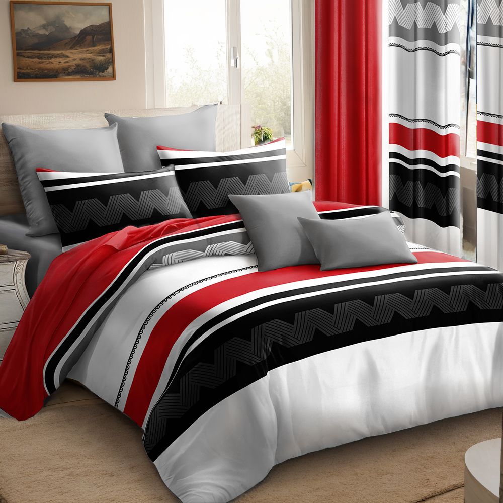 9-Piece Red & Geometric Zigzag Bedding & Curtain Set (Queen/King/Cal