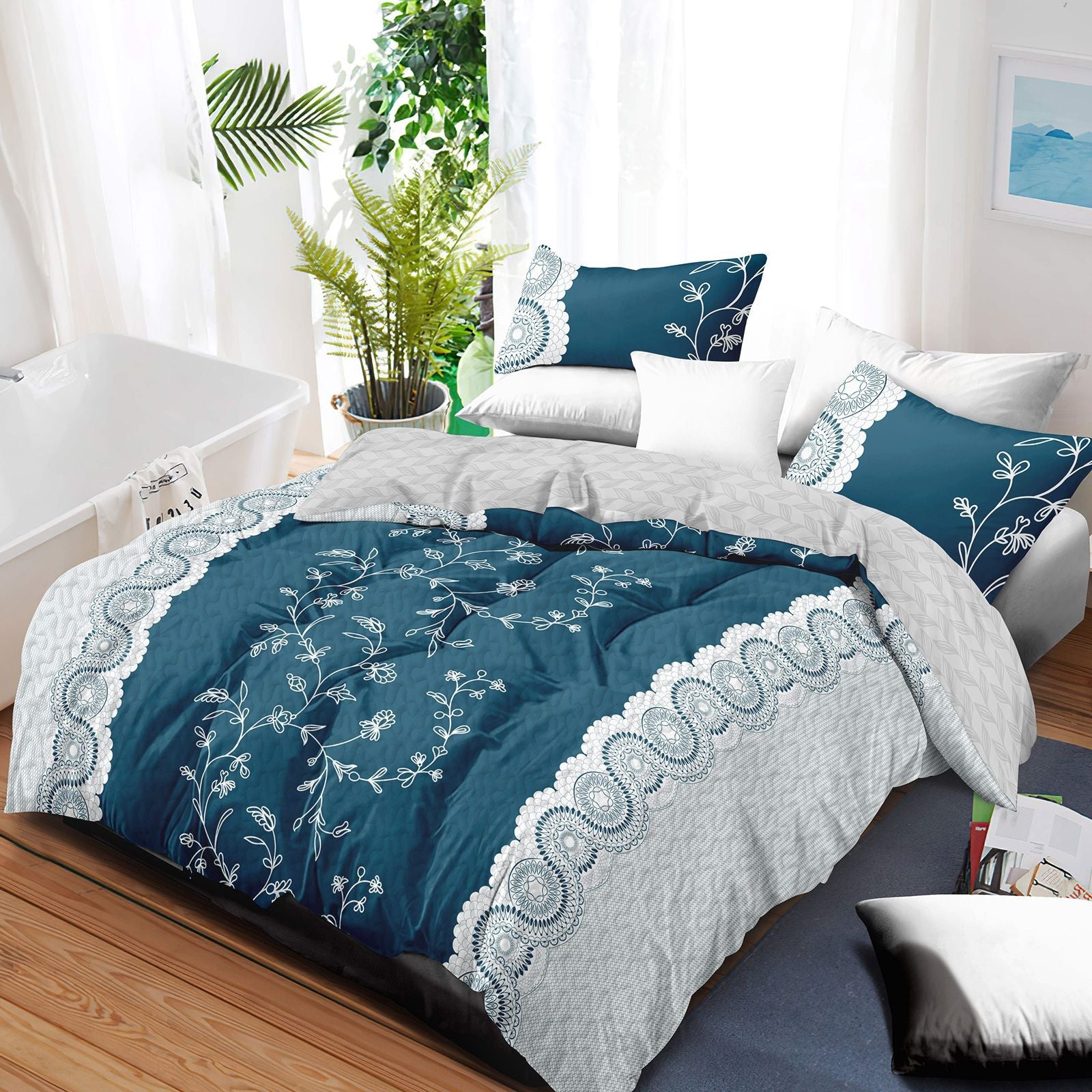 3-Piece Teal Lace Floral Bedding Set (Queen/King/Cal King) - Quilted
