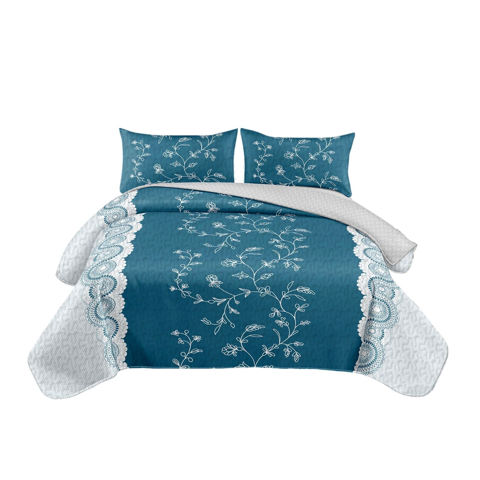 3-Piece Teal Lace Floral Bedding Set (Queen/King/Cal King) - Quilted