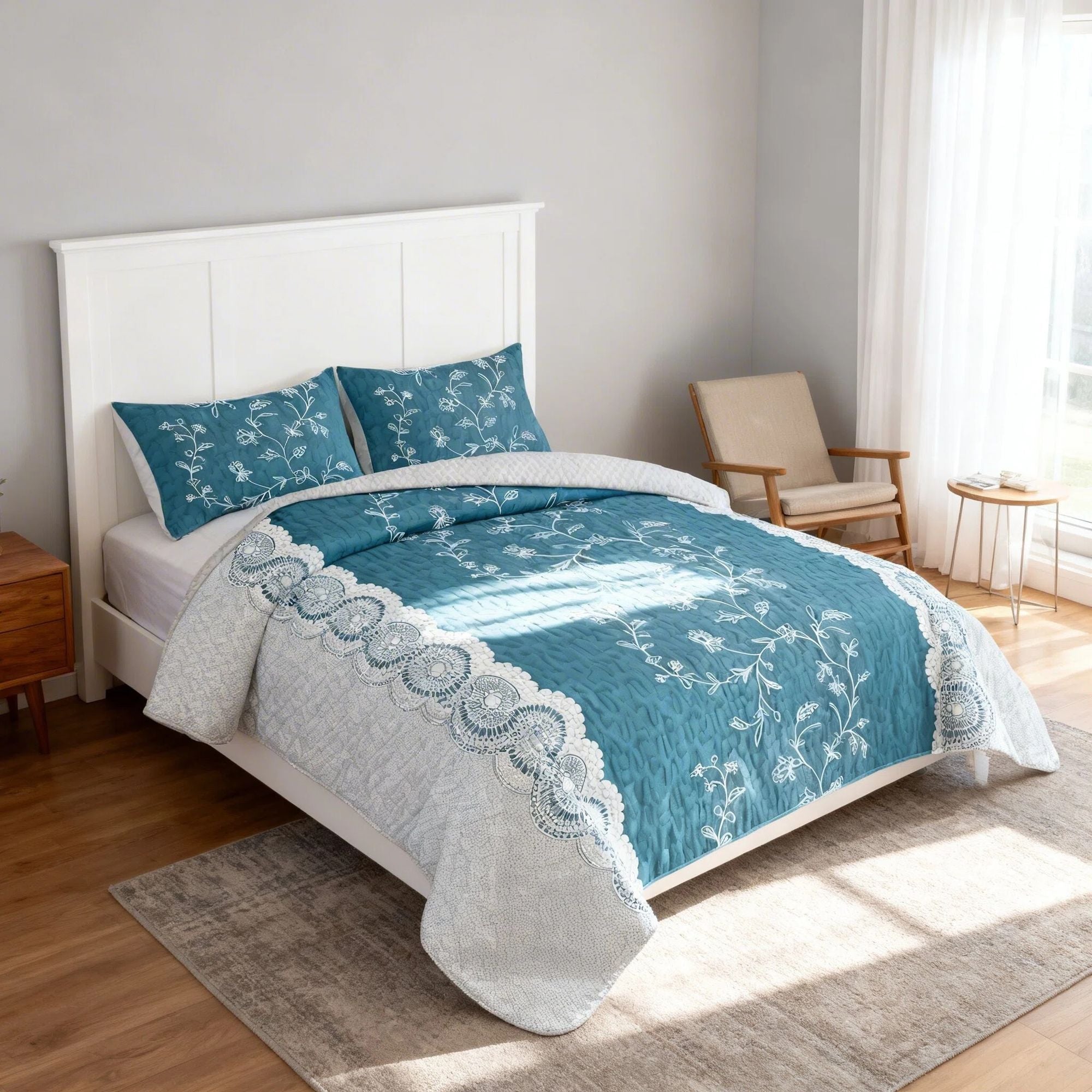 3-Piece Teal Lace Floral Bedding Set (Queen/King/Cal King) - Quilted
