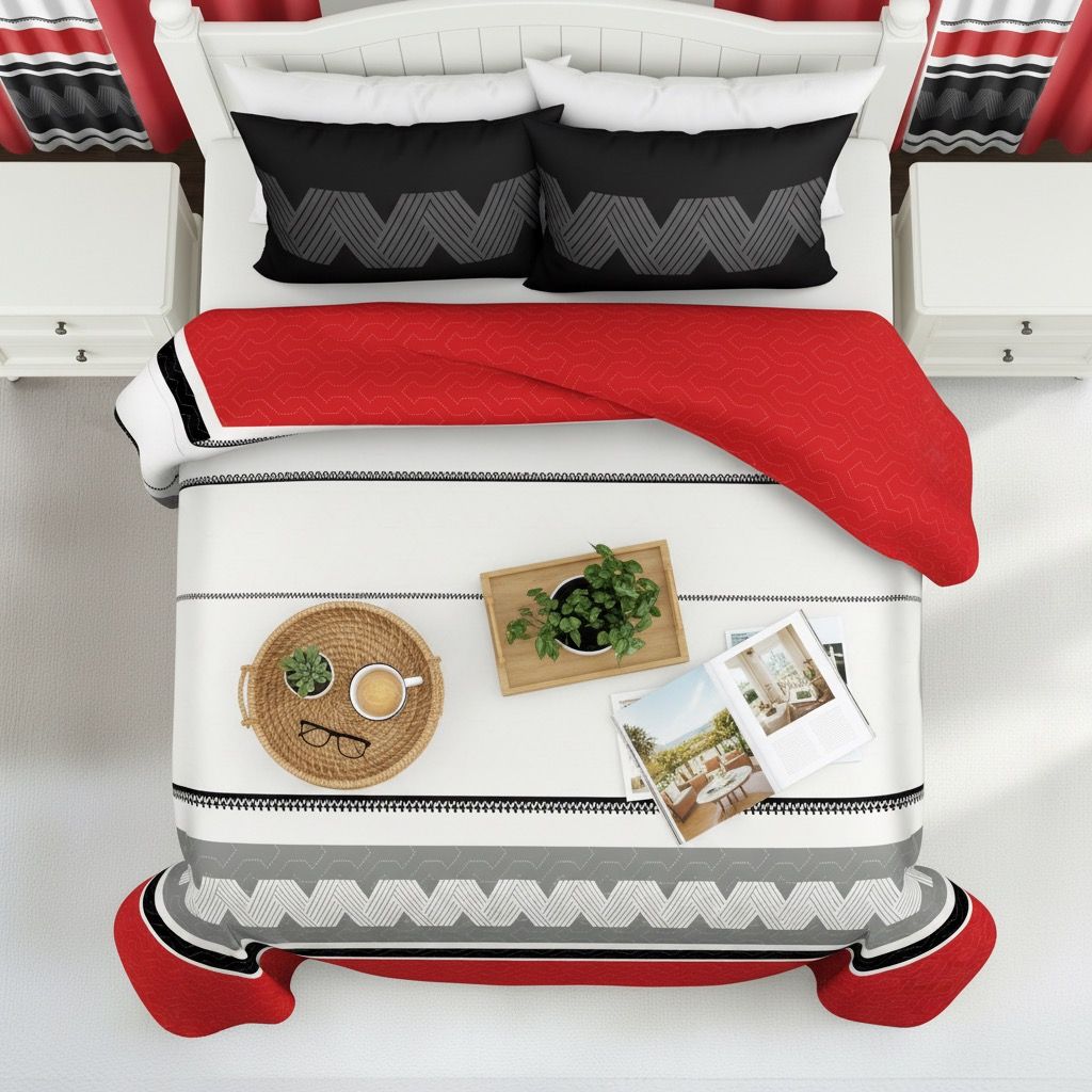 9-Piece Red & Geometric Zigzag Bedding & Curtain Set (Queen/King/Cal