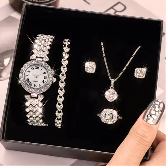 6pcs/set Rhinestone Watch + Jewelry Set Fancy Women Watches Jewelry