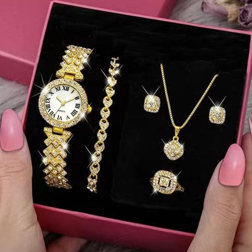 6pcs/set Rhinestone Watch + Jewelry Set Fancy Women Watches Jewelry