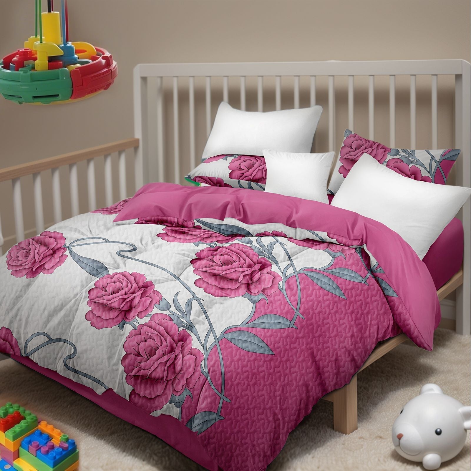 9-Piece Pink Rose Bedding & Curtain Set (Queen/King/Cal King) -