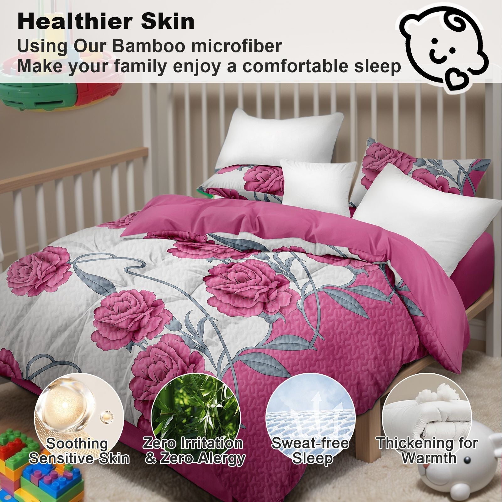 9-Piece Pink Rose Bedding & Curtain Set (Queen/King/Cal King) -