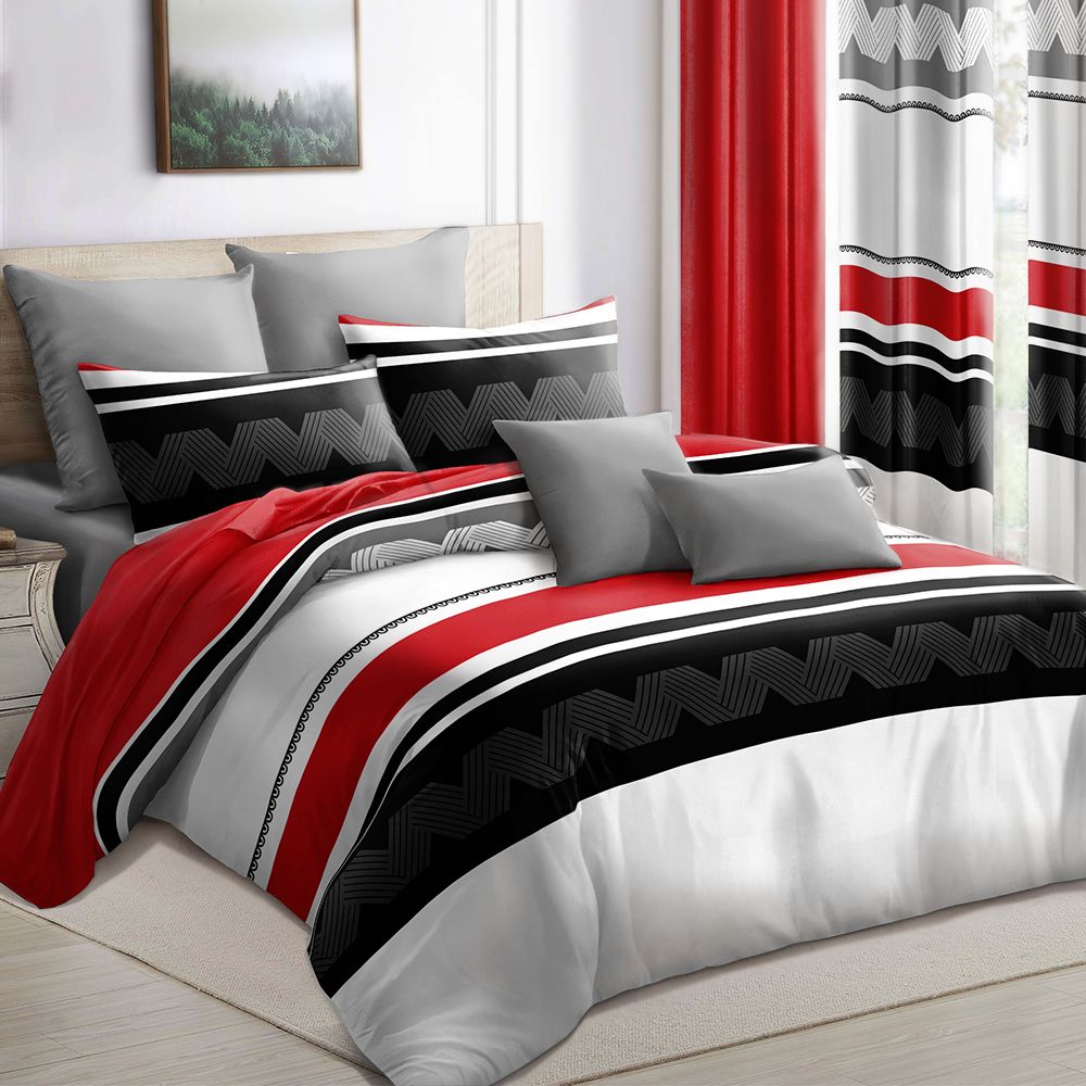 9-Piece Red & Geometric Zigzag Bedding & Curtain Set (Queen/King/Cal