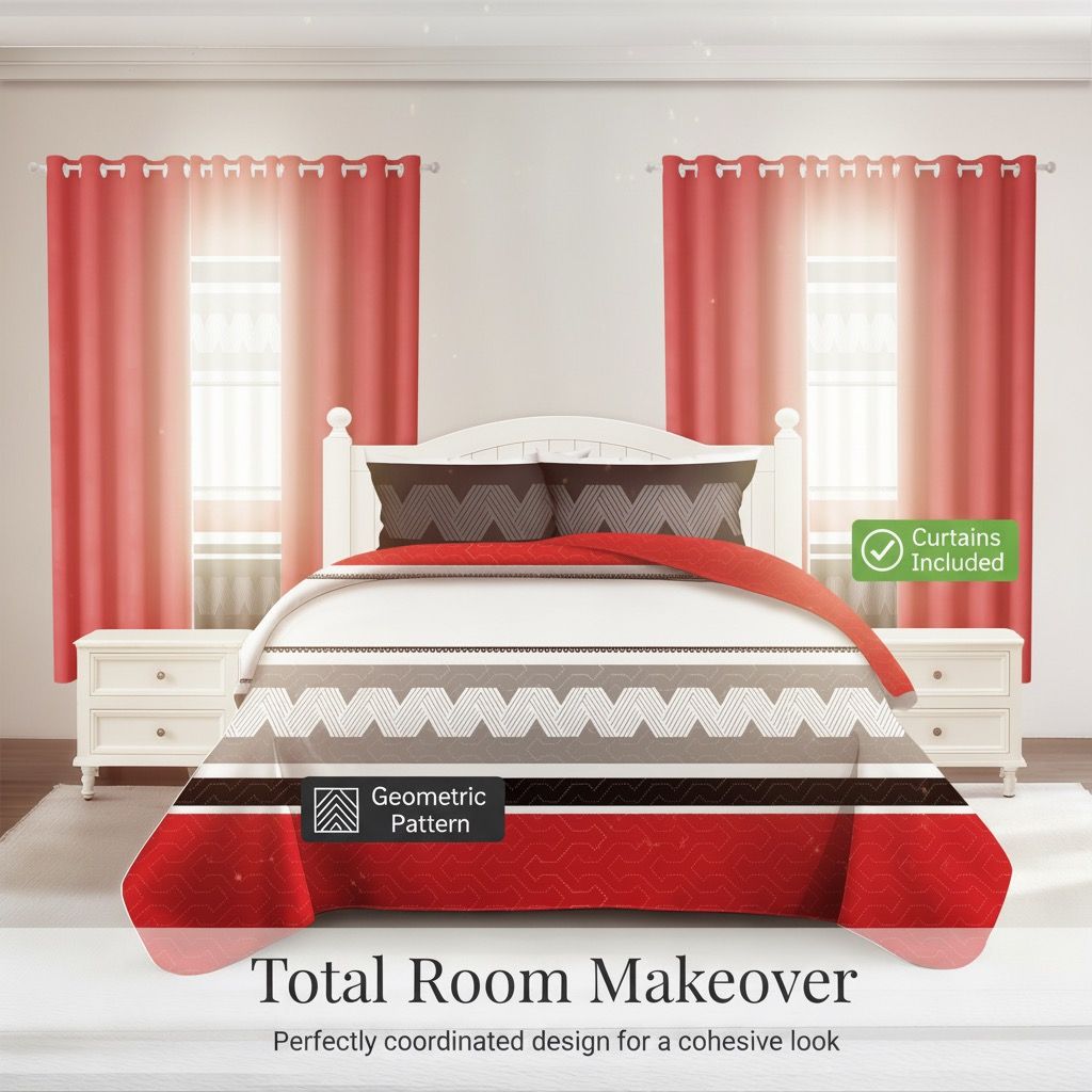 9-Piece Red & Geometric Zigzag Bedding & Curtain Set (Queen/King/Cal
