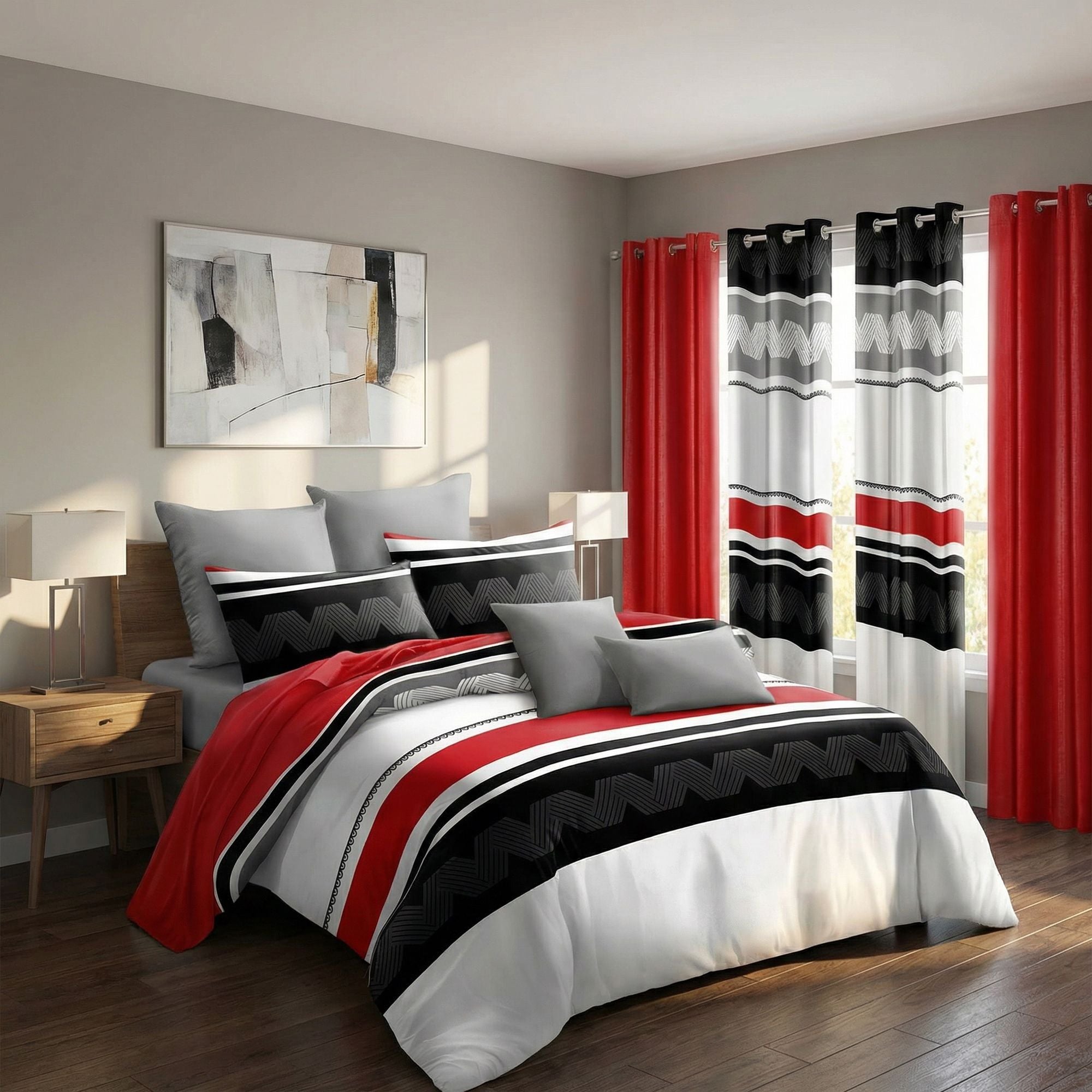 9-Piece Red & Geometric Zigzag Bedding & Curtain Set (Queen/King/Cal