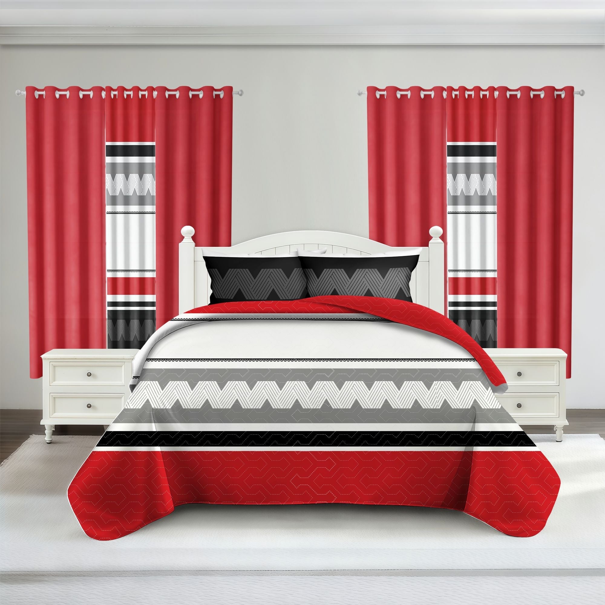 9-Piece Red & Geometric Zigzag Bedding & Curtain Set (Queen/King/Cal