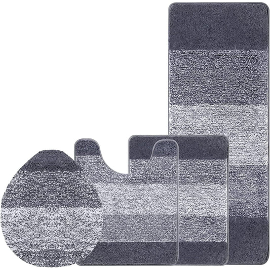 Traditional 4 Piece Microfiber Washable Bathroom Rug Set, Grey