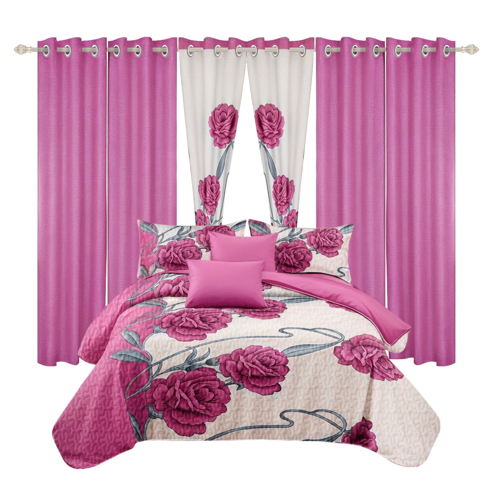 9-Piece Pink Rose Bedding & Curtain Set (Queen/King/Cal King) -