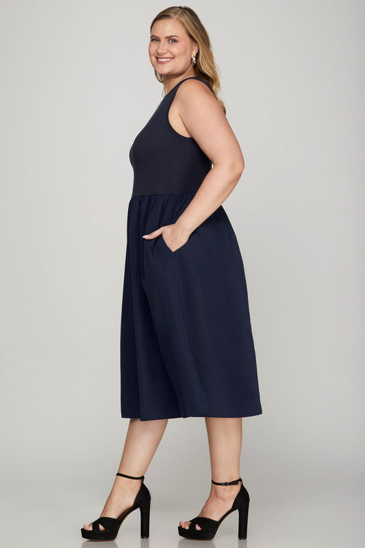 She + Sky Full Size Sleeveless Poplin Woven Midi Dress with Pockets
