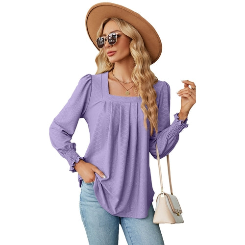 Jacquard Pleated Square Collar Long Sleeve Swallowtail Solid Color