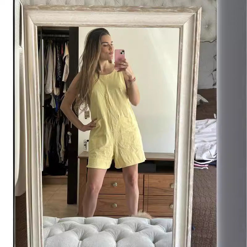 Women Sleeveless Shorts Jumpsuit With Pockets Fashion Beach Pants