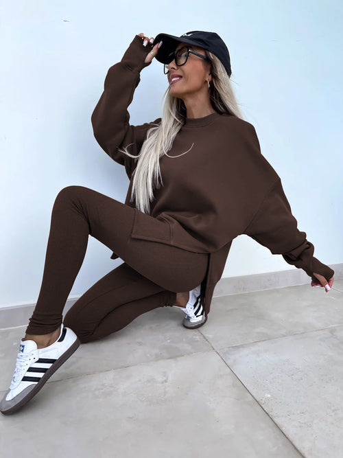Sweater Suit Women's Casual Loose Long Sleeve Crew Neck Split Top