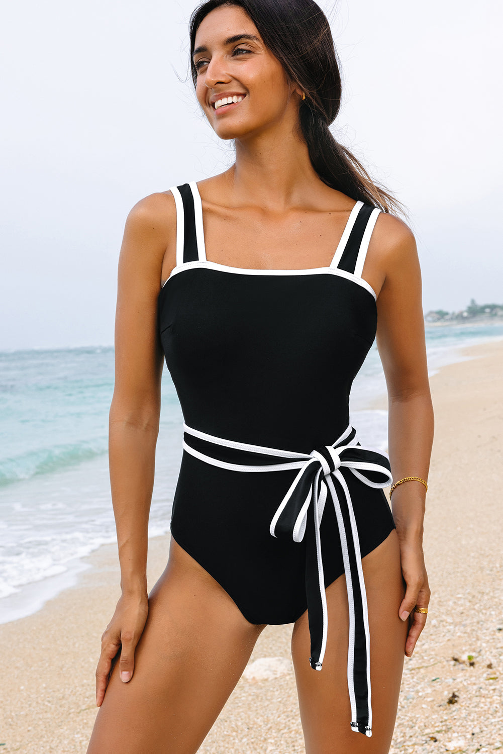 Colorblock Contrast Trim Belted One Piece Swimsuit