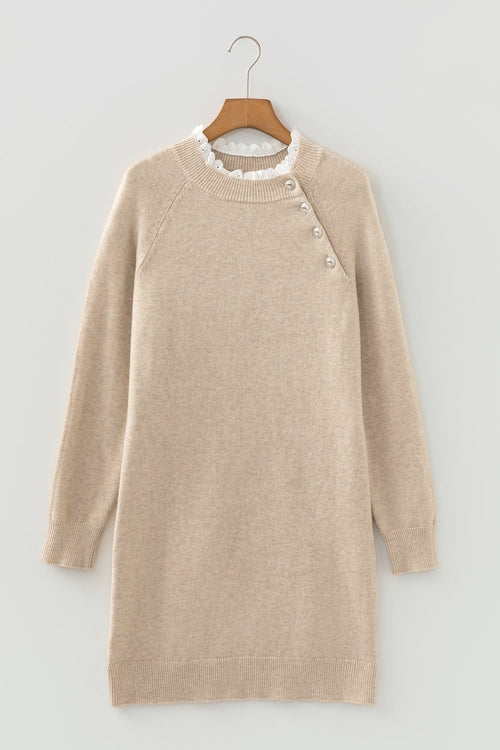 Lace Trim Buttoned Raglan Sleeve Sweater Dress