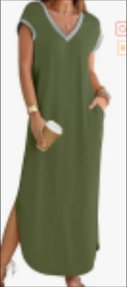 Women's  Summer Short Sleeve Maxi Dress V Neck Split Loose Casual
