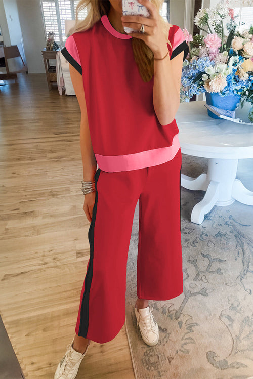 Colorblock Short Sleeve Top & Wide Leg Pants Set
