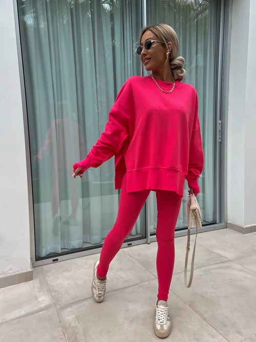 Sweater Suit Women's Casual Loose Long Sleeve Crew Neck Split Top
