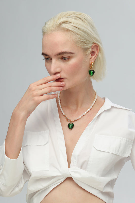Esmée Green Murano Heart Dangle Earrings