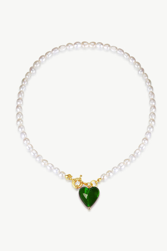 Esmée Green Murano Heart Pendant Pearl Necklace