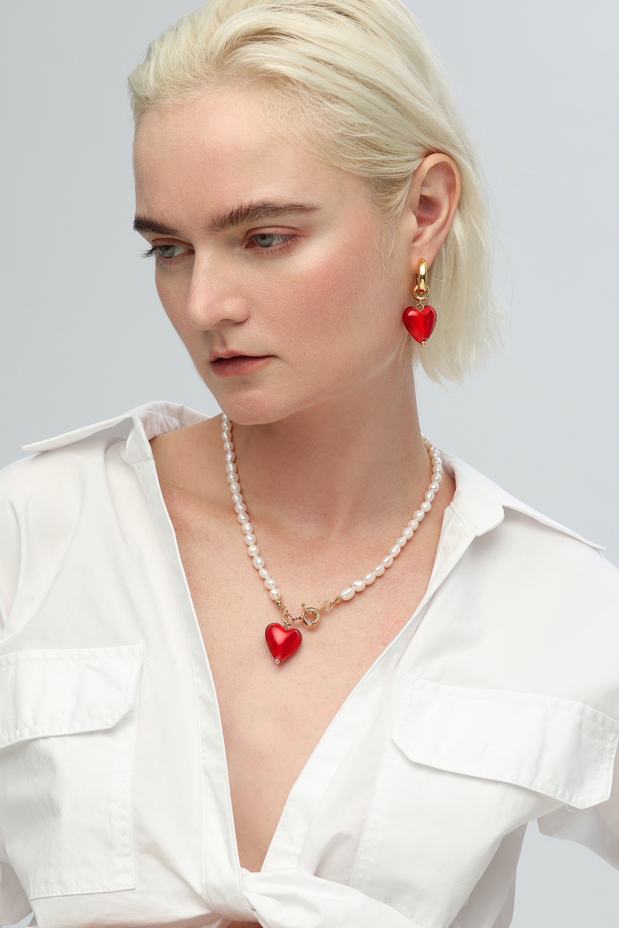 Esmée Red Murano Heart Pendant Pearl Necklace
