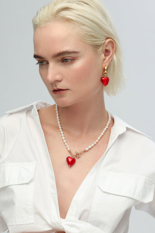 Esmée Red Murano Heart Pendant Pearl Necklace