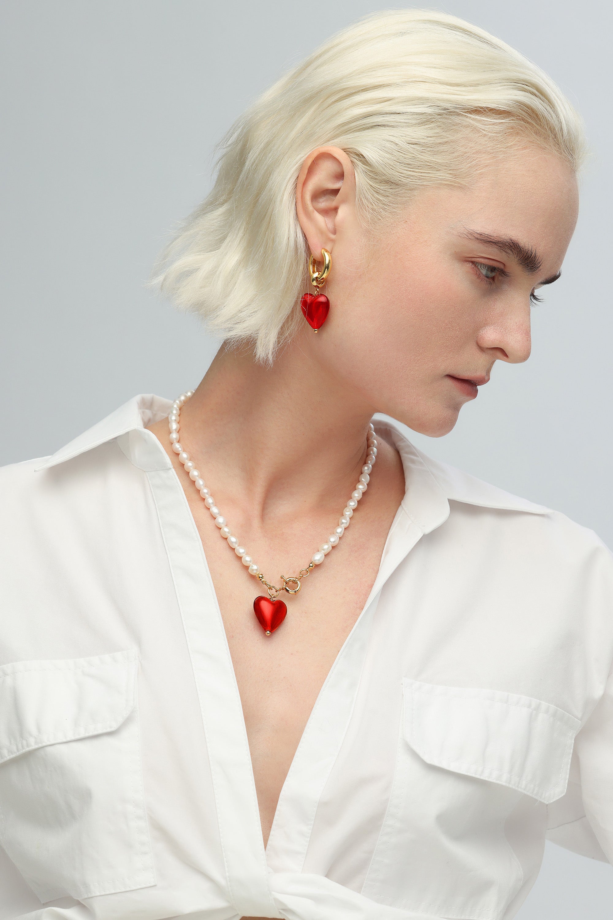 Esmée Red Murano Heart Pendant Pearl Necklace