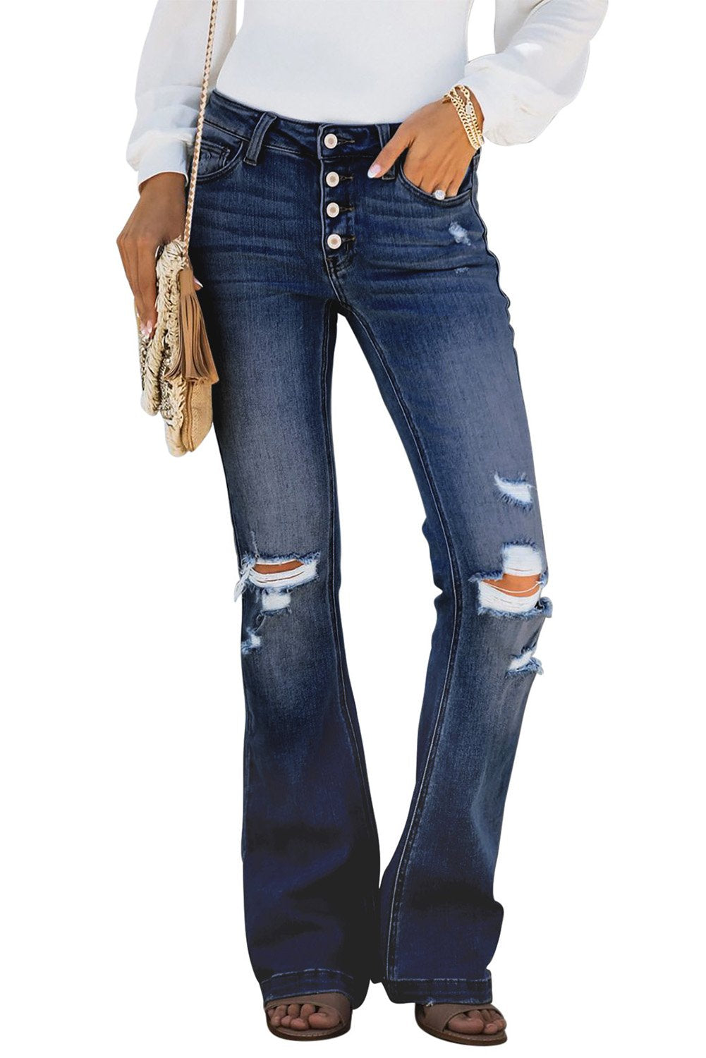 Dark Blue Mid Rise Button Front Flare Denim