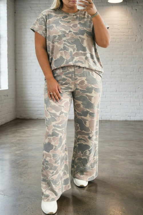 Plus Size Camo Top & Wide Leg Pants Set