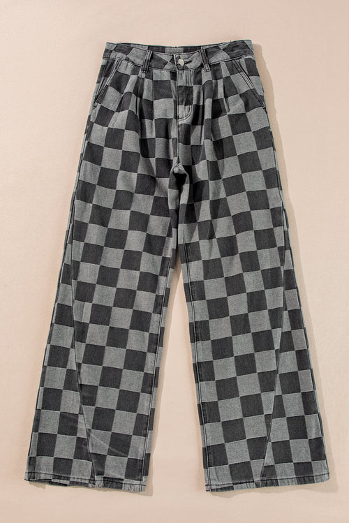 Checker Denim Wide Leg Jeans