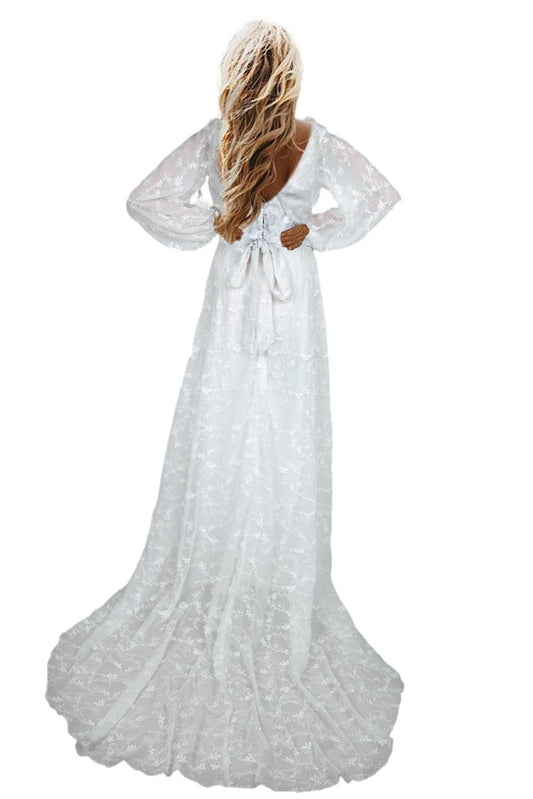 Bishop Sleeves Embroidered Lace Wedding Evening Dress