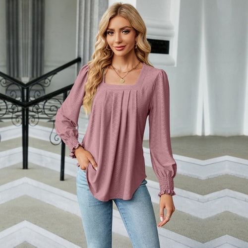 Jacquard Pleated Square Collar Long Sleeve Swallowtail Solid Color