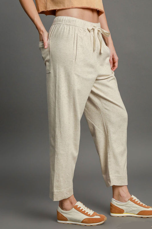 Umgee Full Size Drawstring Elastic Waistband Linen Blend Pants Plus