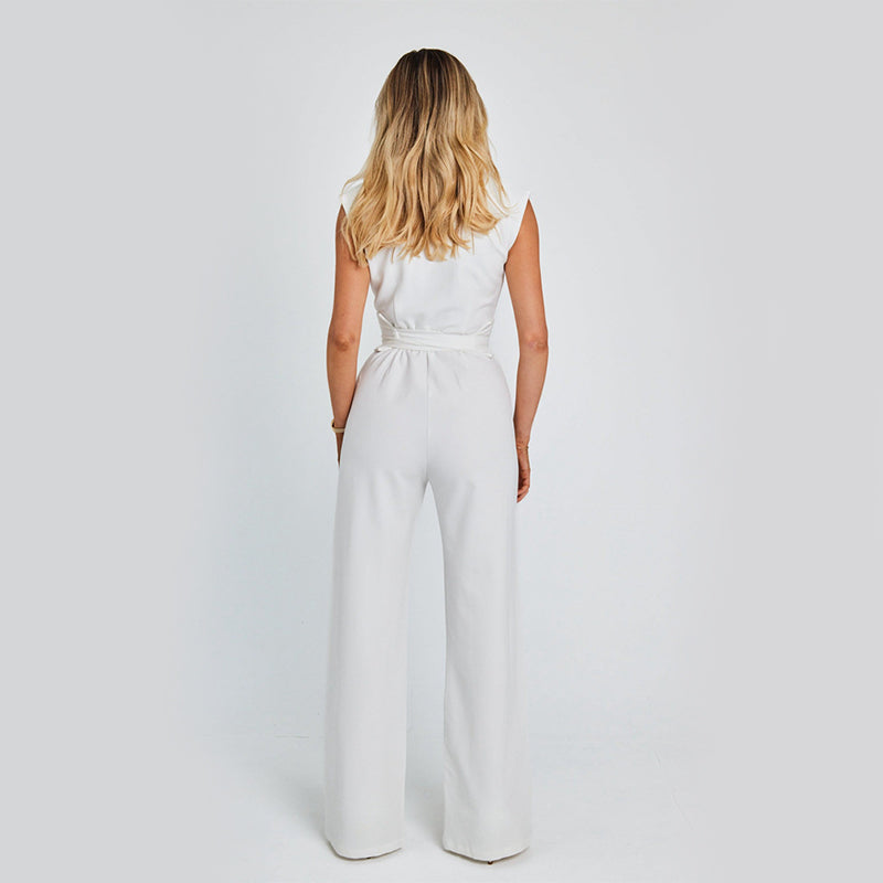 Fashion Elegant Long Sleeveless Jumpsuit Summer V-neck Casual Wide Leg