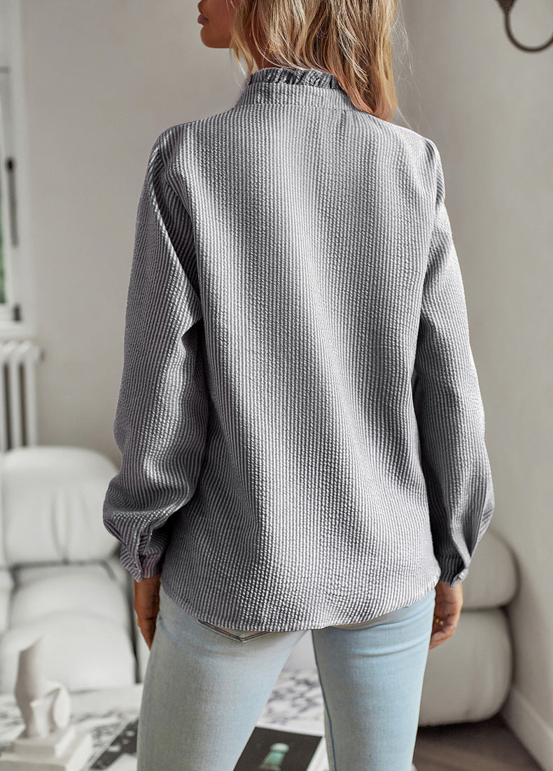 Striped Long Sleeve Shirt Fashion Ruffle Design Button Up Tops Casual