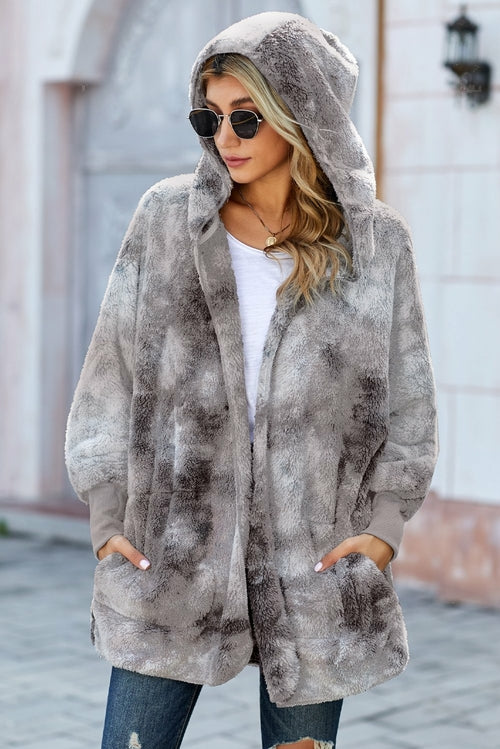 Multicolor Tie Dye Soft Fleece Hooded Open Front Coat
