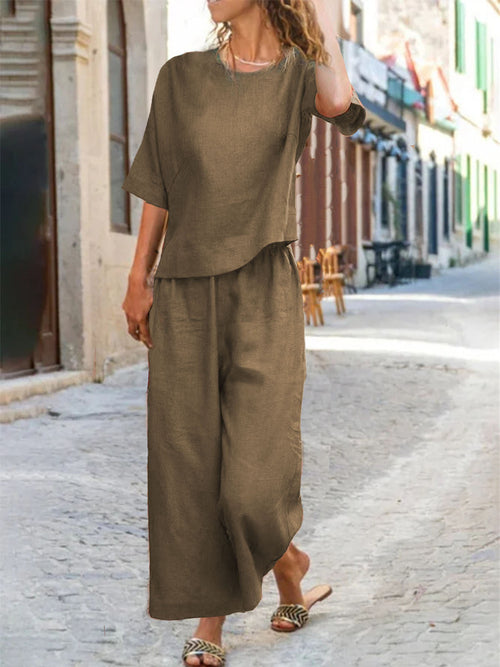 European And American Women's Linen Casual Loose Solid Color Suit