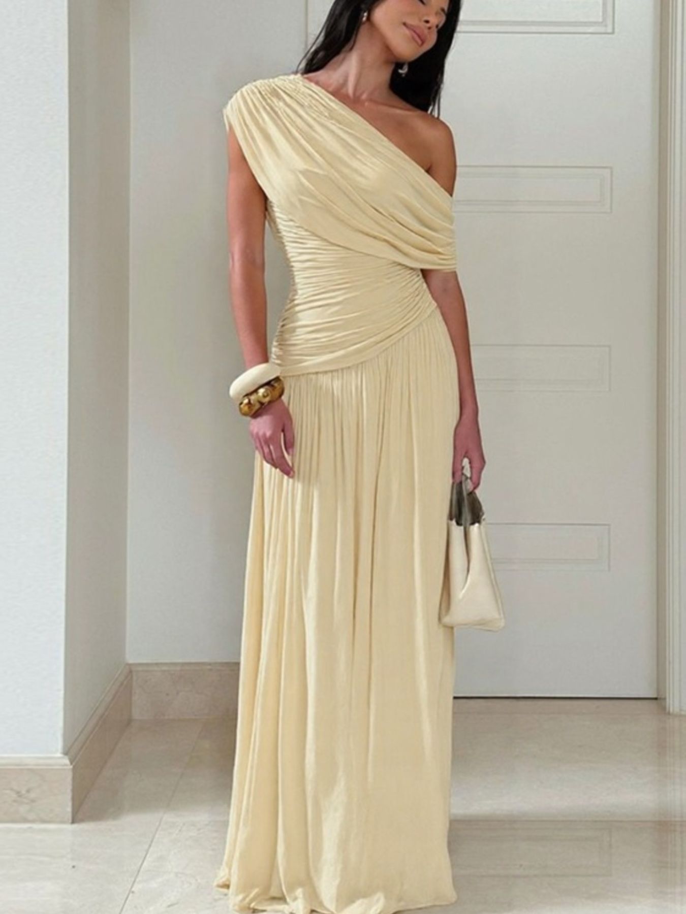Elegant Ruched Maxi Dress with One-Shoulder Detail