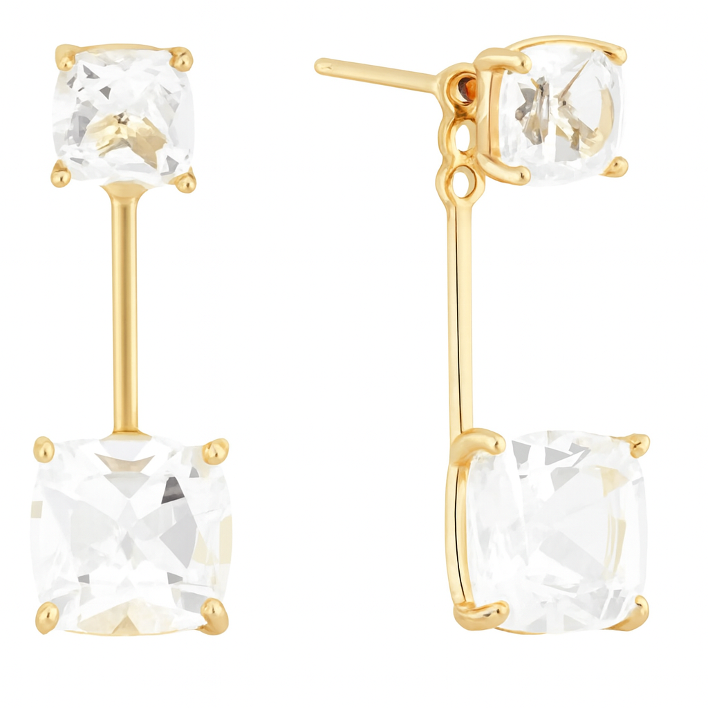 Gold Square Crystal Bar Drop Earrings