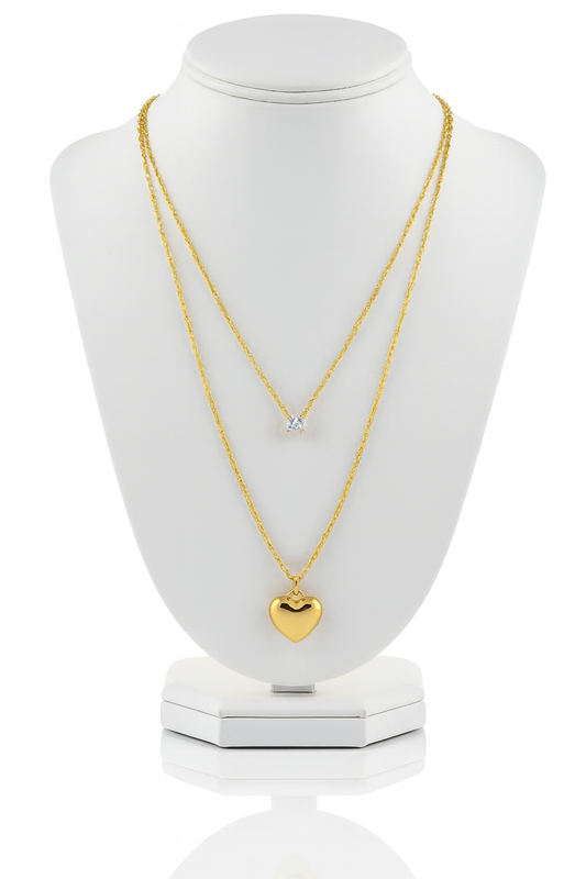 Gold Heart & Diamond Pendant Necklace Set-D 12