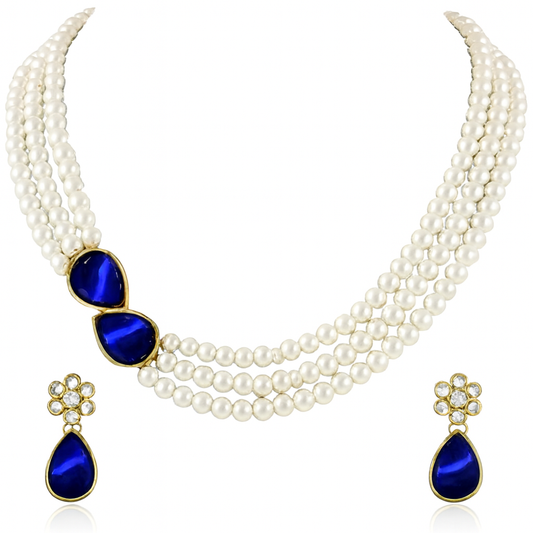 Triple-Strand Pearl & Blue Stone Jewelry Set