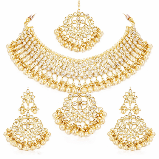 Gold-Plated Floral Kundan Jewelry Set with Pearls