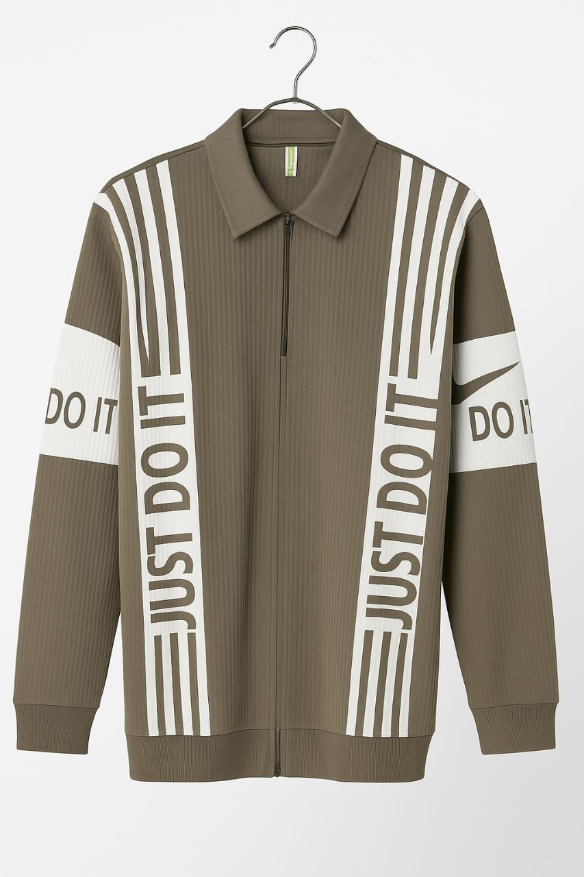 Tan Zip Polo Sweatshirt | Just Do It Stripes (Size-M)